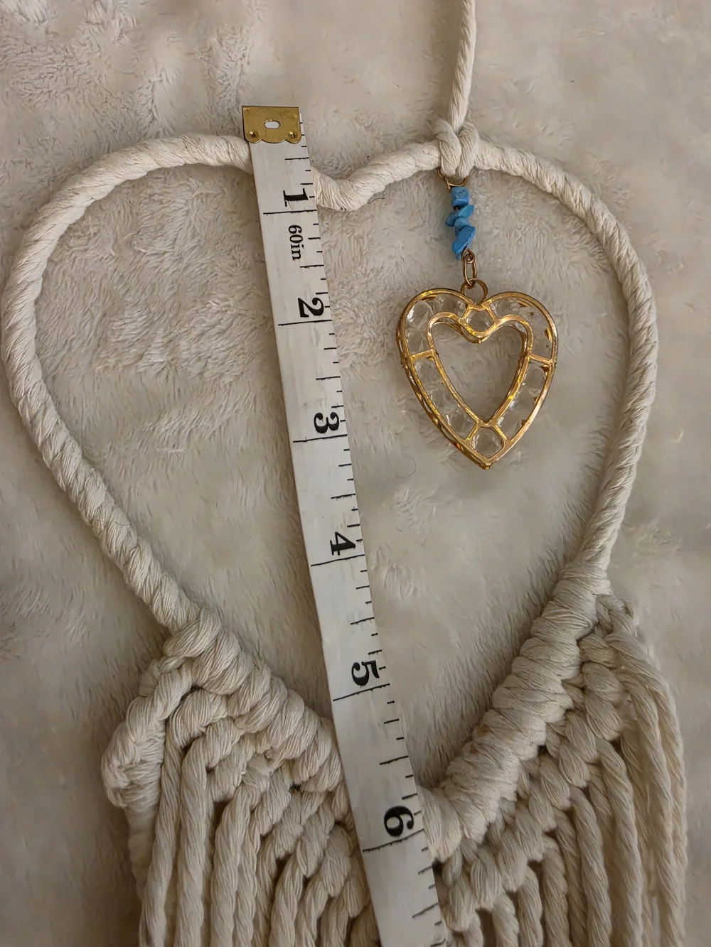 Boho Chic Cream Crystal Heart Macrame Wall Hanging Dreamcatcher Decor Sz 35
